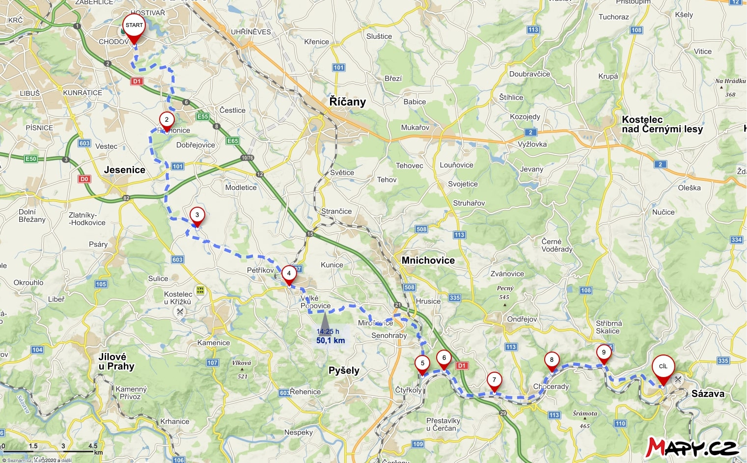 Trasa Sázavské padiny na mapě